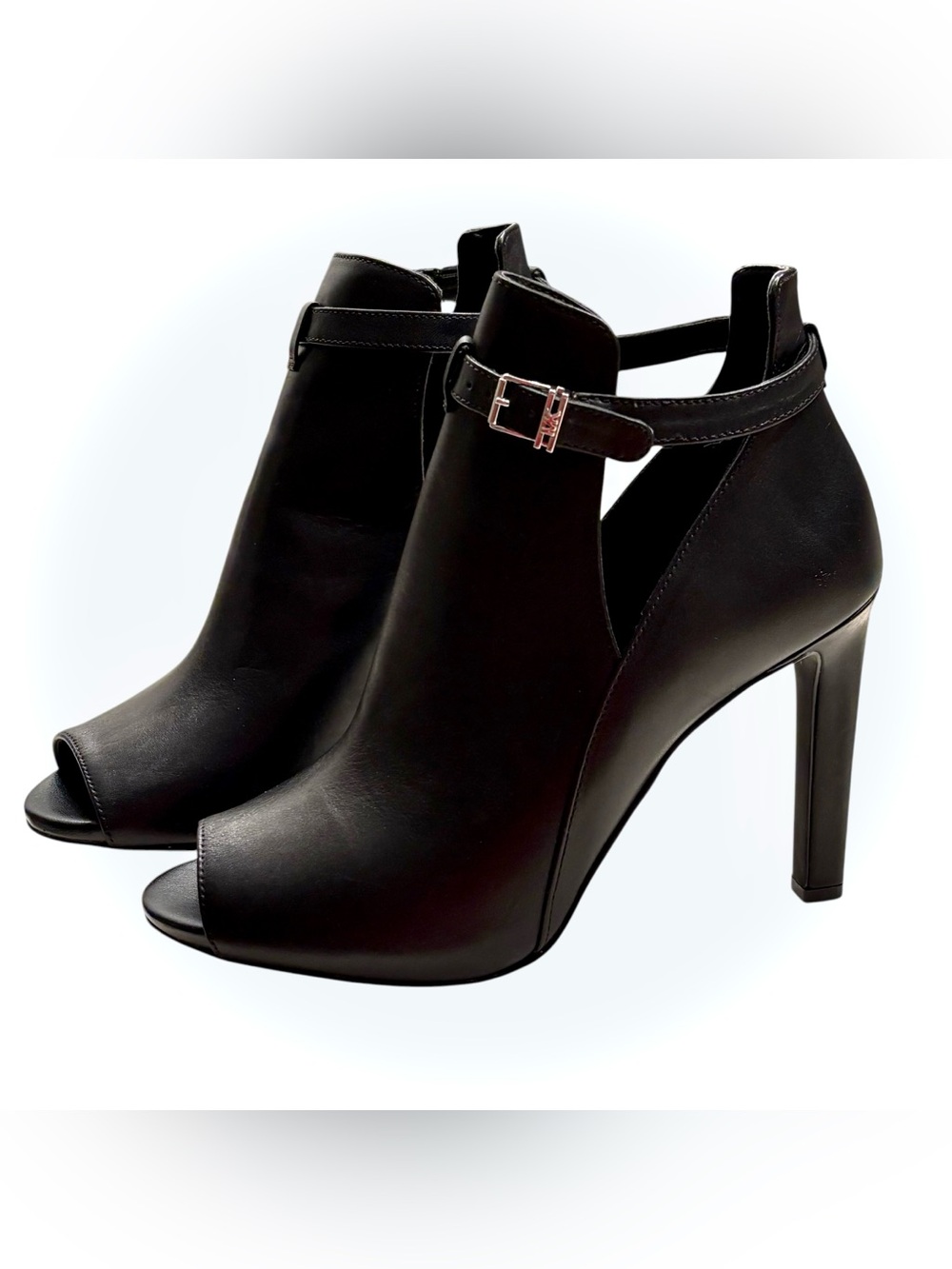 Michael Kors Black Leather Peep Toe Ankle Booties Stiletto Heels Sz 10M Buckle